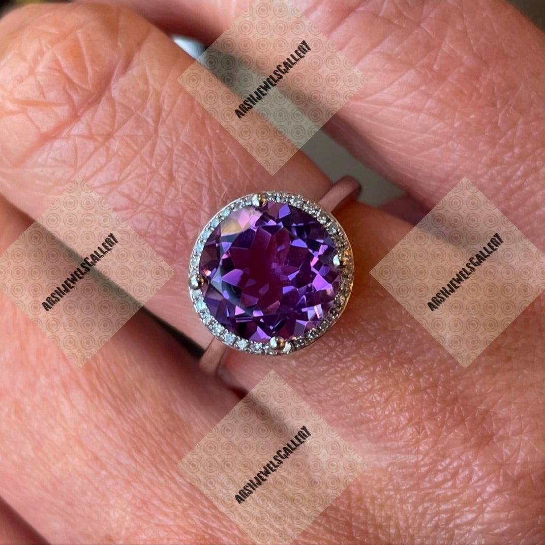 Vintage round shape amethyst ring 925 sterling silver February birthstone ring gift for her engagement ring wedding ring.