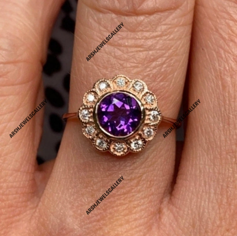 Vintage round cut amethyst ring 925 sterling silver February birthstone ring engagement ring wedding ring amethyst ring for christmas gift