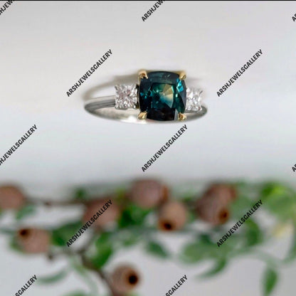 Beautiful cushion cut teal sapphire ring 925 sterling silver vintage three stones teal sapphire ring engagement ring wedding ring