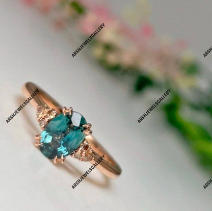 Vintage teal sapphire ring 925 sterling silver oval cut teal sapphire stone ring engagement ring wedding ring