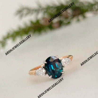 Beautiful teal sapphire ring 925 sterling silver oval cut three stones teal sapphire stone ring engagement ring wedding ring