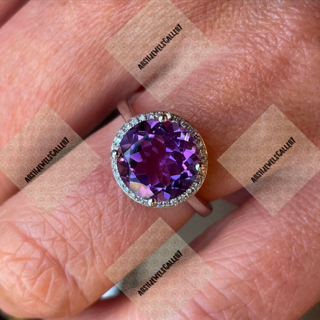 Vintage round shape amethyst ring 925 sterling silver February birthstone ring gift for her engagement ring wedding ring.