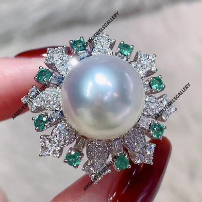 Luxurious natural pearl ring 925 sterling silver moissanite pearl & emerald ring vintage pearl ring vintage ring engagement ring.