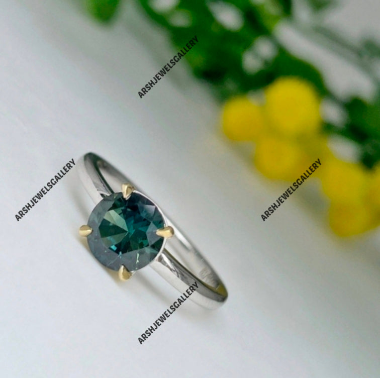 Round cut teal sapphire ring 925 sterling silver vintage teal sapphire stone ring engagement ring wedding ring