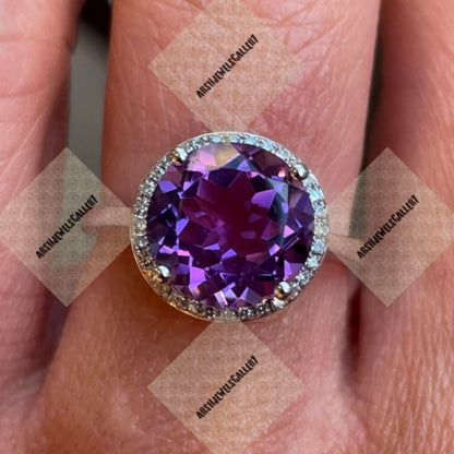 Vintage round shape amethyst ring 925 sterling silver February birthstone ring gift for her engagement ring wedding ring.