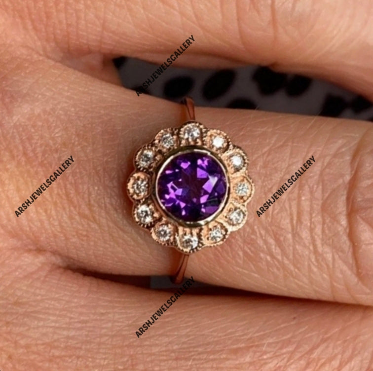 Vintage round cut amethyst ring 925 sterling silver February birthstone ring engagement ring wedding ring amethyst ring for christmas gift