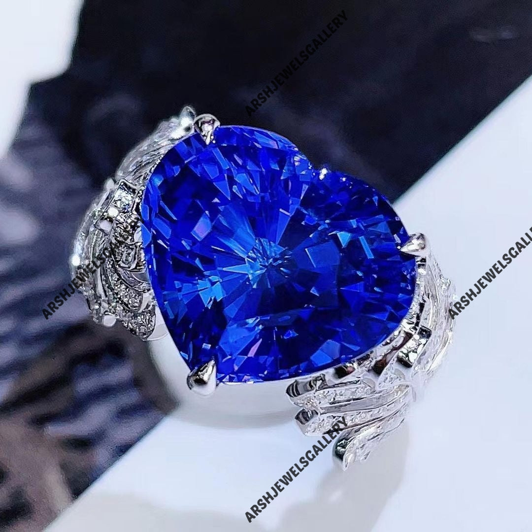 Gorgeous & luxurious Blue sapphire ring 925 sterling silver heart cut blue Sapphire three stones ring engagement ring wedding ring