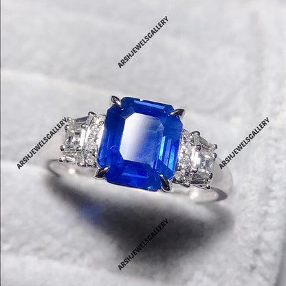 Beautiful octagon cut blue sapphire ring 925 sterling silver three stones ring engagement ring wedding ring