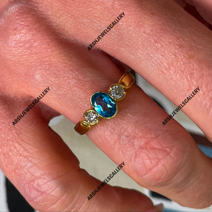 Beautiful oval cut Blue topaz ring vintage topaz ring beautiful three stones engagement ring 925 sterling silver wedding ring.