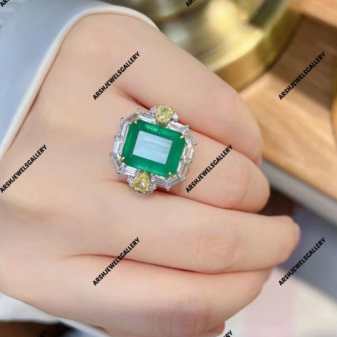 Beautiful emerald & yellow sapphire ring 925 sterling silver emerald ring engagement ring wedding ring.