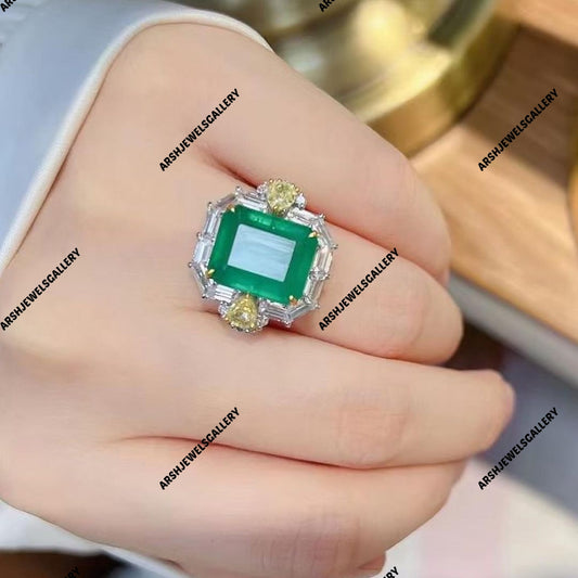 Beautiful emerald & yellow sapphire ring 925 sterling silver emerald ring engagement ring wedding ring.