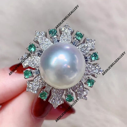 Luxurious natural pearl ring 925 sterling silver moissanite pearl & emerald ring vintage pearl ring vintage ring engagement ring.