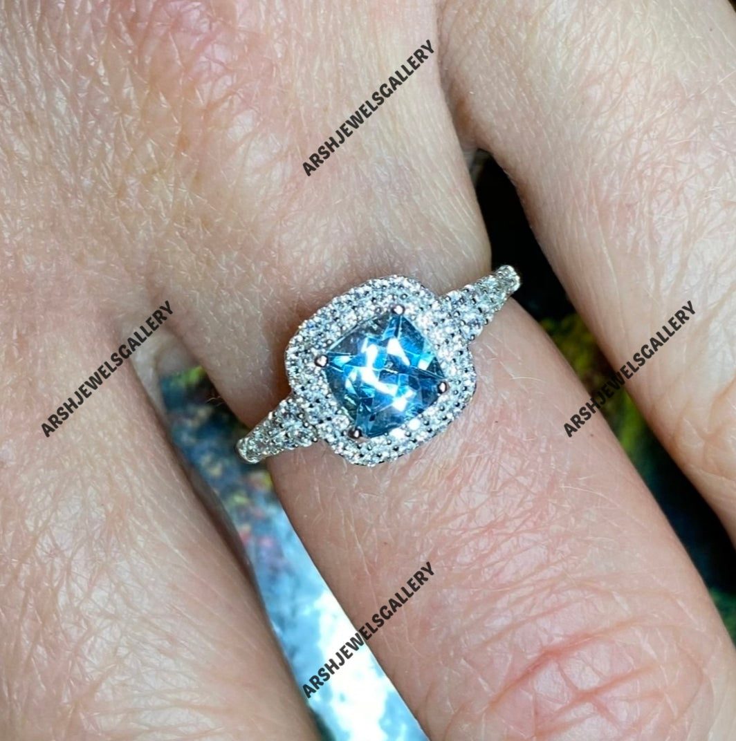 Gorgeous cushion cut Blue topaz ring vintage topaz ring beautiful engagement ring 925 sterling silver wedding ring.