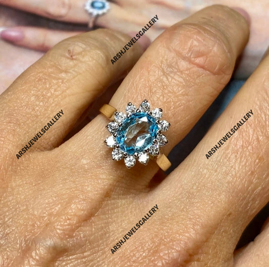 Blue topaz ring vintage topaz ring adorned with beautiful side stones engagement ring 925 sterling silver wedding ring.