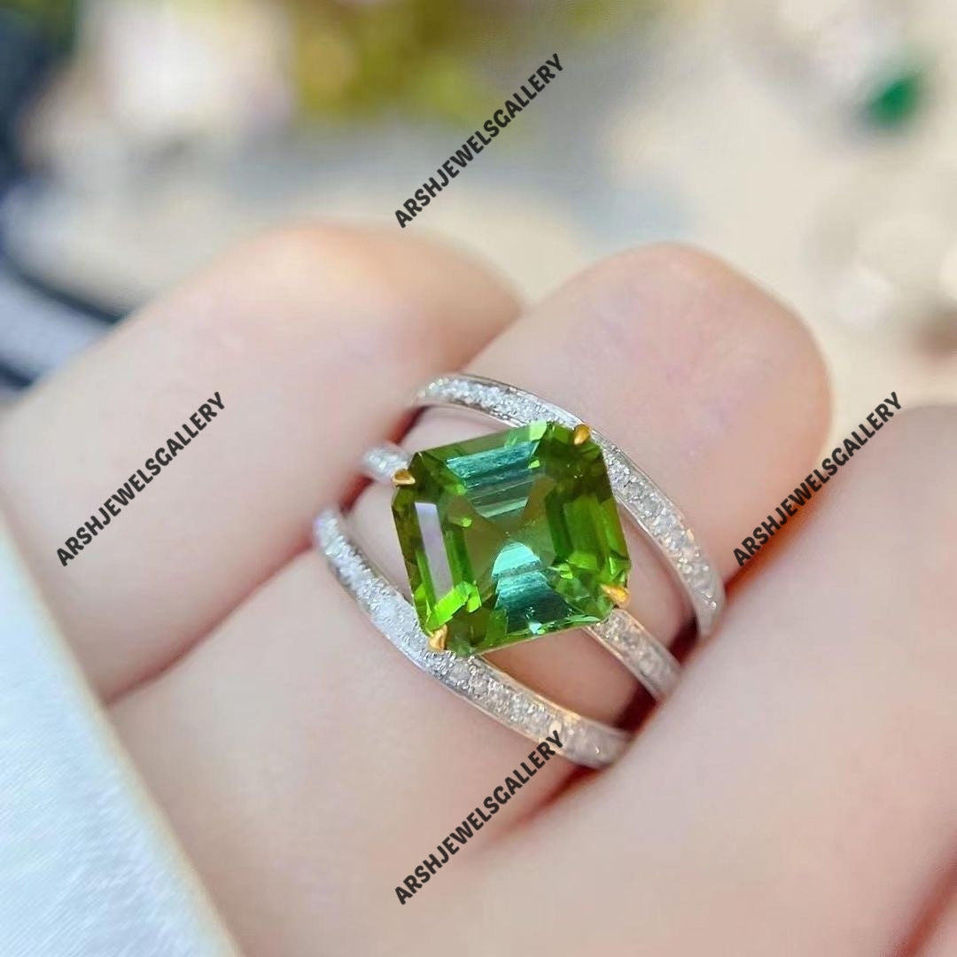 Beautiful asscher cut green tourmaline ring 925 sterling silver ring vintage green tourmaline ring engagement ring wedding ring