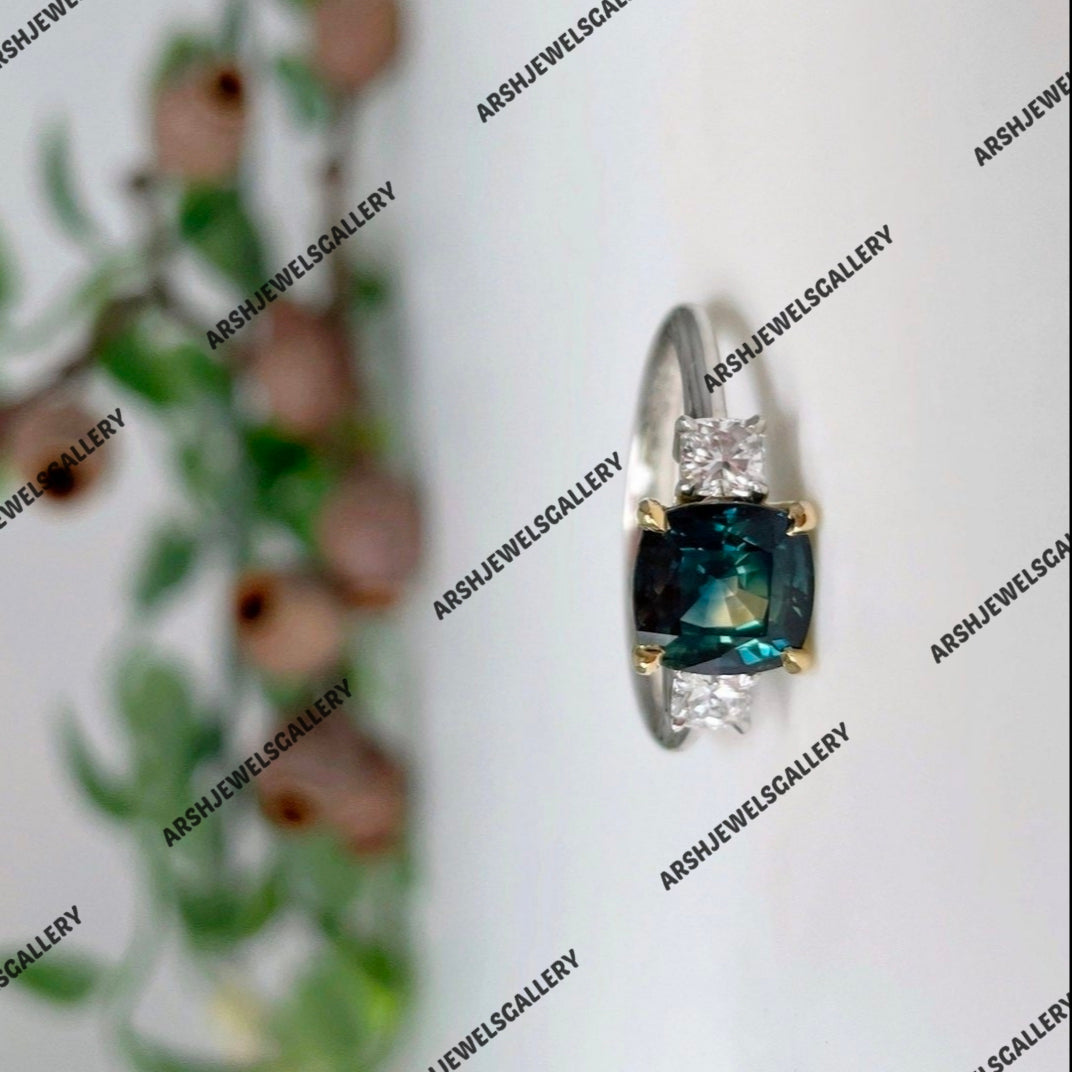 Beautiful cushion cut teal sapphire ring 925 sterling silver vintage three stones teal sapphire ring engagement ring wedding ring