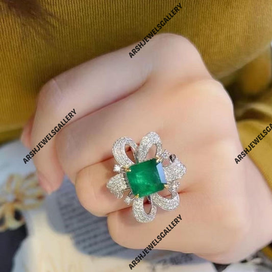 Vintage & luxurious convertible emerald ring 925 sterling silver emerald ring  engagement ring wedding ring.