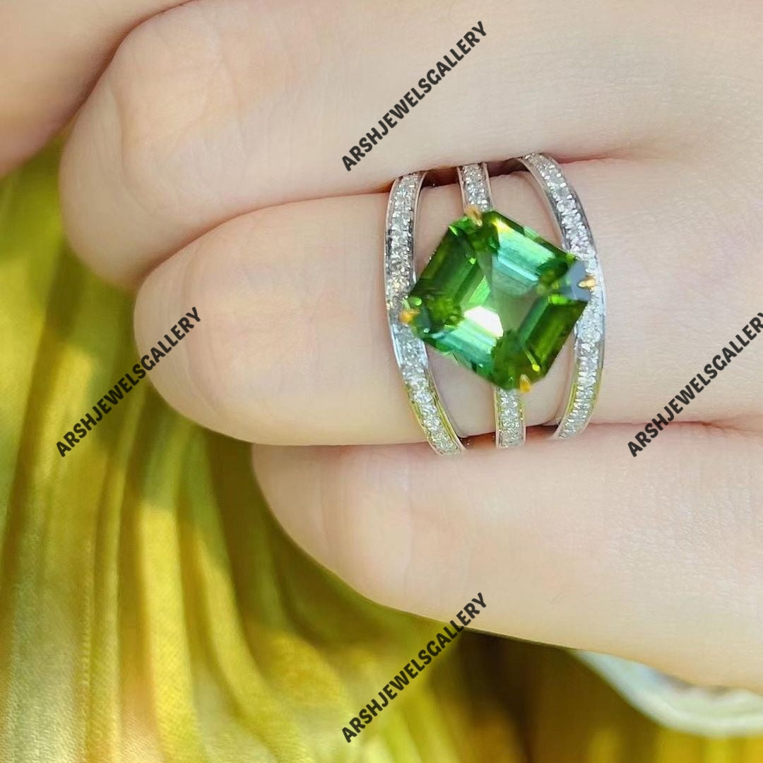 Beautiful asscher cut green tourmaline ring 925 sterling silver ring vintage green tourmaline ring engagement ring wedding ring