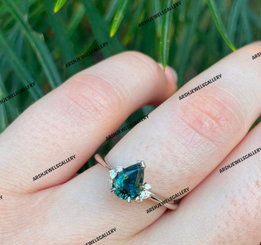 Gorgeous teal sapphire ring 925 sterling silver vintage pear cut teal sapphire stone ring engagement ring wedding ring