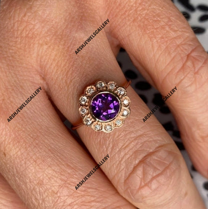 Vintage round cut amethyst ring 925 sterling silver February birthstone ring engagement ring wedding ring amethyst ring for christmas gift