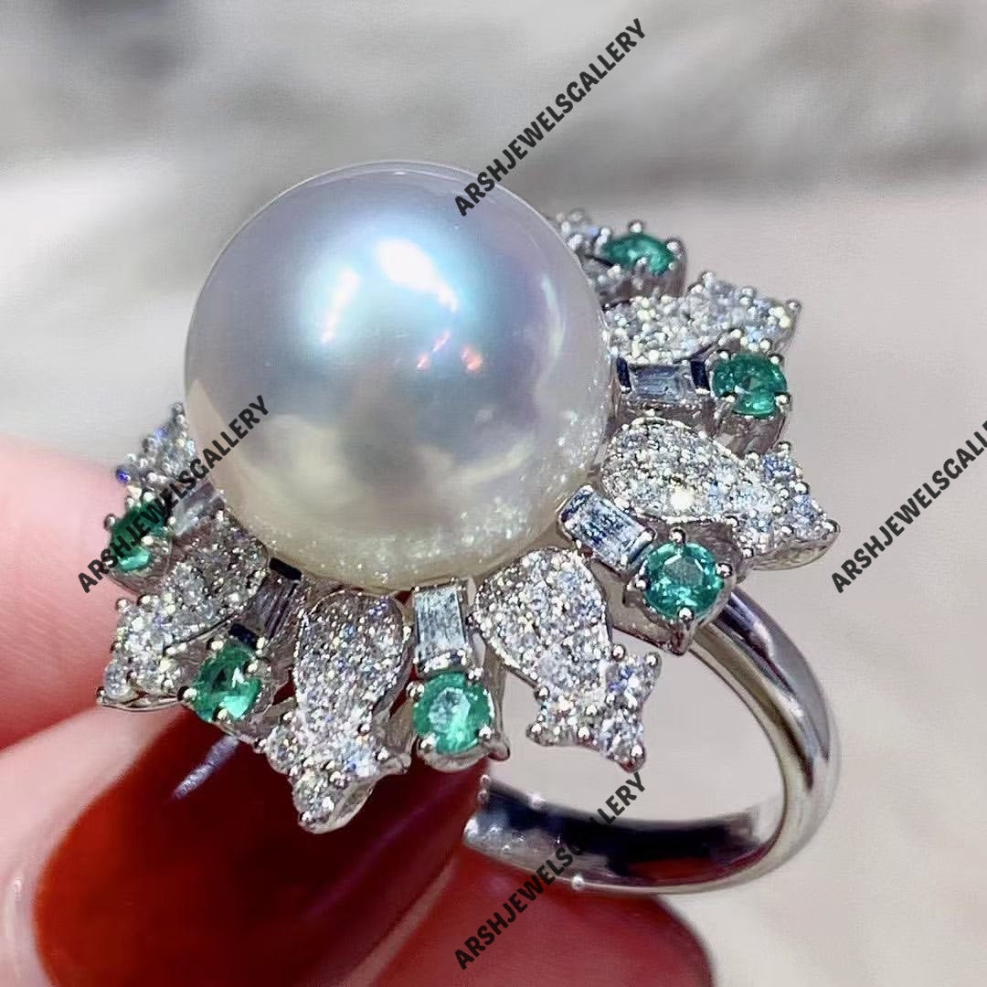 Luxurious natural pearl ring 925 sterling silver moissanite pearl & emerald ring vintage pearl ring vintage ring engagement ring.