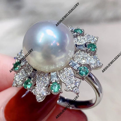 Luxurious natural pearl ring 925 sterling silver moissanite pearl & emerald ring vintage pearl ring vintage ring engagement ring.