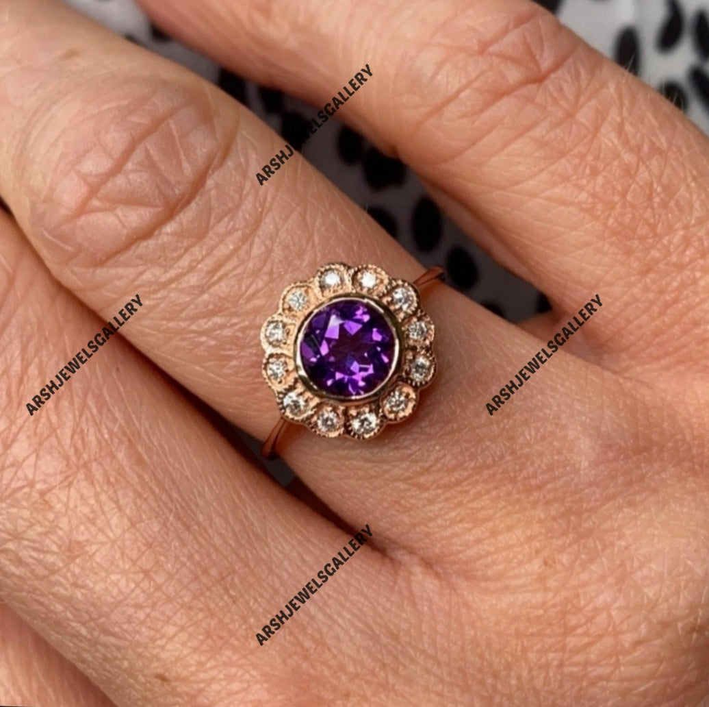 Vintage round cut amethyst ring 925 sterling silver February birthstone ring engagement ring wedding ring amethyst ring for christmas gift