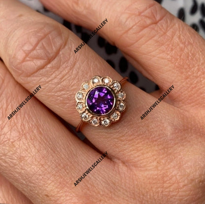 Vintage round cut amethyst ring 925 sterling silver February birthstone ring engagement ring wedding ring amethyst ring for christmas gift