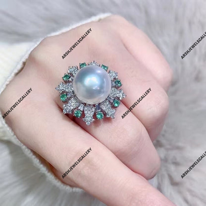 Luxurious natural pearl ring 925 sterling silver moissanite pearl & emerald ring vintage pearl ring vintage ring engagement ring.