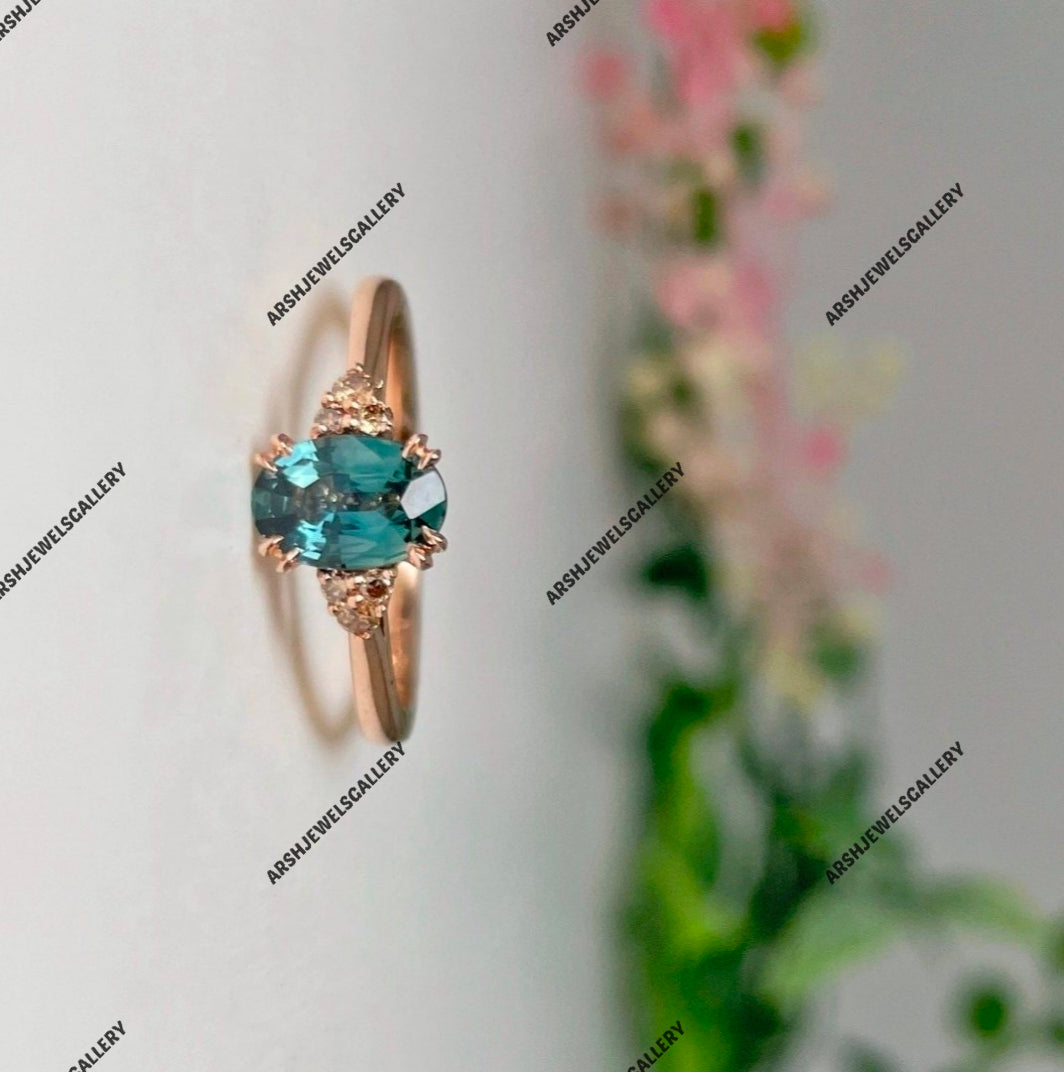 Vintage teal sapphire ring 925 sterling silver oval cut teal sapphire stone ring engagement ring wedding ring