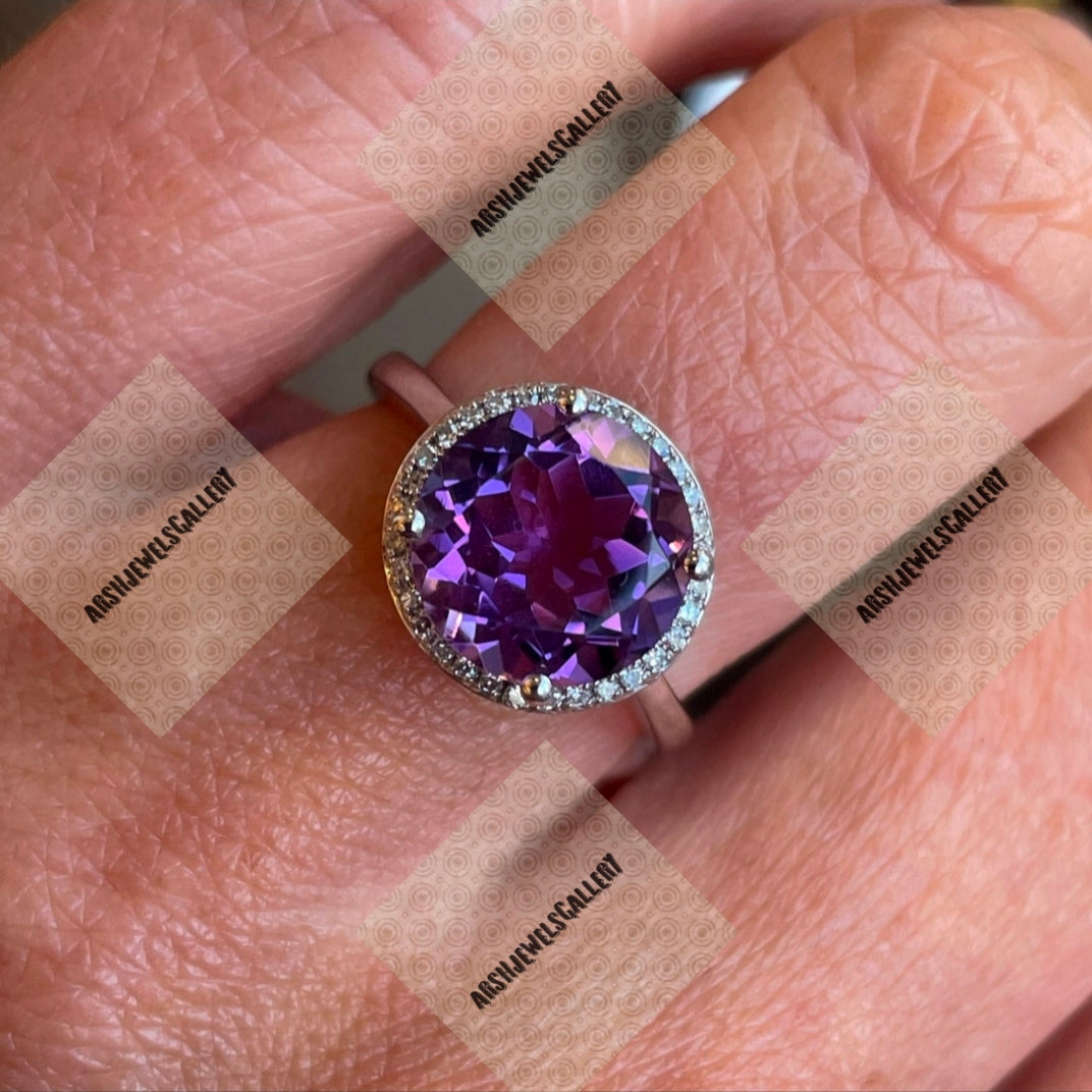 Vintage round shape amethyst ring 925 sterling silver February birthstone ring gift for her engagement ring wedding ring.