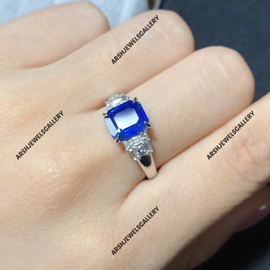 Beautiful octagon cut blue sapphire ring 925 sterling silver three stones ring engagement ring wedding ring