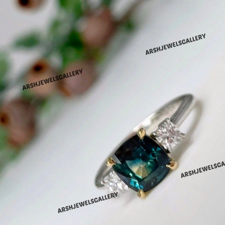 Beautiful cushion cut teal sapphire ring 925 sterling silver vintage three stones teal sapphire ring engagement ring wedding ring