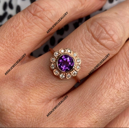 Vintage round cut amethyst ring 925 sterling silver February birthstone ring engagement ring wedding ring amethyst ring for christmas gift