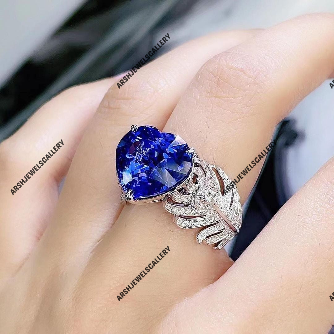 Gorgeous & luxurious Blue sapphire ring 925 sterling silver heart cut blue Sapphire three stones ring engagement ring wedding ring