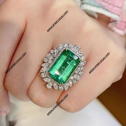 Beautiful big emerald ring 925 sterling silver emerald ring adorned with beautiful side stones engagement ring wedding ring.