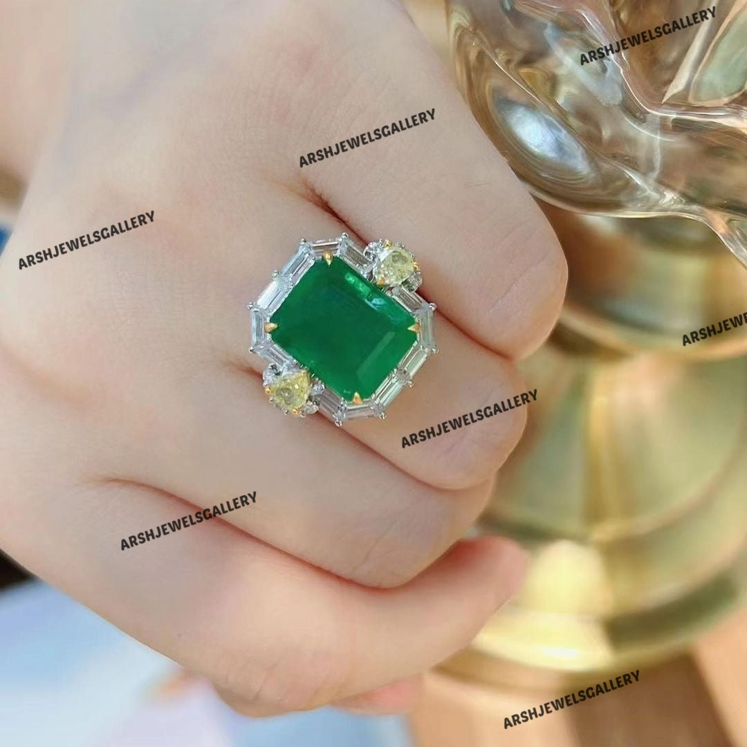 Beautiful emerald & yellow sapphire ring 925 sterling silver emerald ring engagement ring wedding ring.